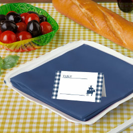 Oude BBQ Navy Blauwe Gingham Huwelijk Plaatskaartje