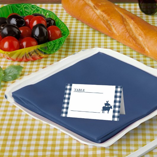 Oude BBQ Navy Blauwe Gingham Huwelijk Plaatskaartje