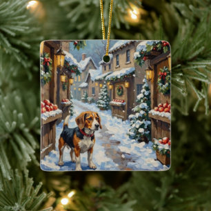 Oude Beagle in besneeuwde kerstmarkt Keramisch Ornament
