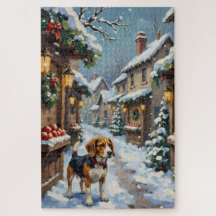 Oude Beagle in besneeuwde kerstmarkt Legpuzzel