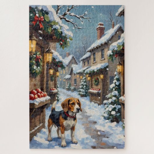 Oude Beagle in besneeuwde kerstmarkt Legpuzzel (Verticaal)