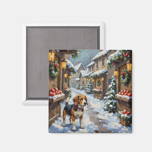 Oude Beagle in Sneeuwrijke Kerstmarkt Magneet (Voorkant / Achterkant)
