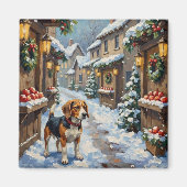Oude Beagle in Sneeuwrijke Kerstmarkt Magneet (Voorkant)