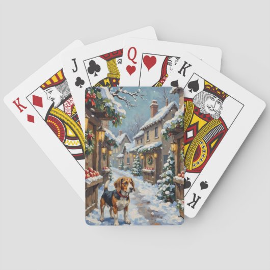 Oude Beagle in Sneeuwrijke Kerstmarkt Pokerkaarten (Achterkant)