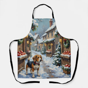 Oude Beagle in Sneeuwrijke Kerstmarkt Schort