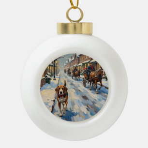 Oude Beagle op besneeuwde Victoriaanse kerststraat Keramische Bal Ornament