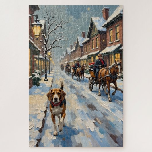 Oude Beagle op Besneeuwde Victoriaanse Kerststraat Legpuzzel (Verticaal)