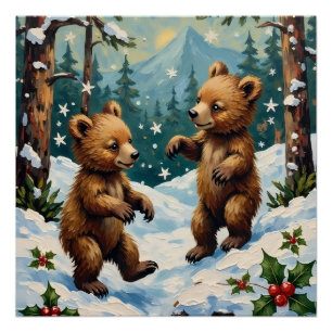 Oude berenwelpen spelen in een besneeuwde kerst perfect poster