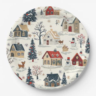 Oude besneeuwde cottages Rode marineblauwe Kerst Papieren Bordje