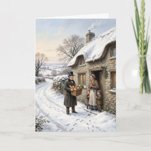 Oude besneeuwde dorps kerstkaart - Victoriaans W Feestdagen Kaart