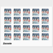 Oude besneeuwde kerst rode huizen, kerk vierkante sticker (Vel)