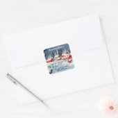 Oude besneeuwde kerst rode huizen, kerk vierkante sticker (Envelop)