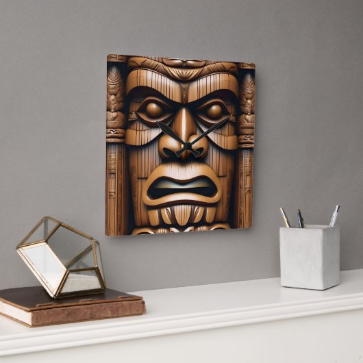 Oude Bewakers: Tiki Wood Art Vierkante Klok (Kantoor)