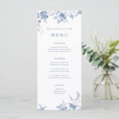 Oude Blauwe Bloem Bruiloft Tafel Menu Kaarten (Staand voorkant)