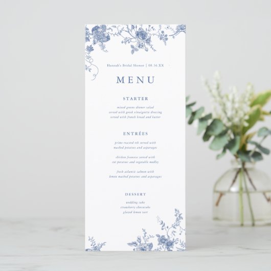 Oude Blauwe Bloem Bruiloft Tafel Menu Kaarten (Staand voorkant)