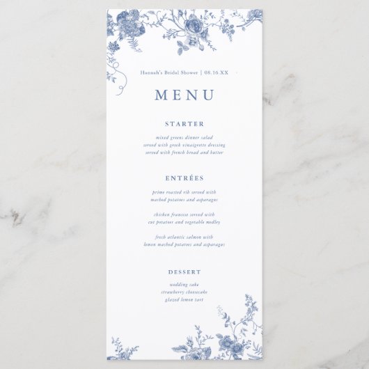 Oude Blauwe Bloem Bruiloft Tafel Menu Kaarten (Voorkant)