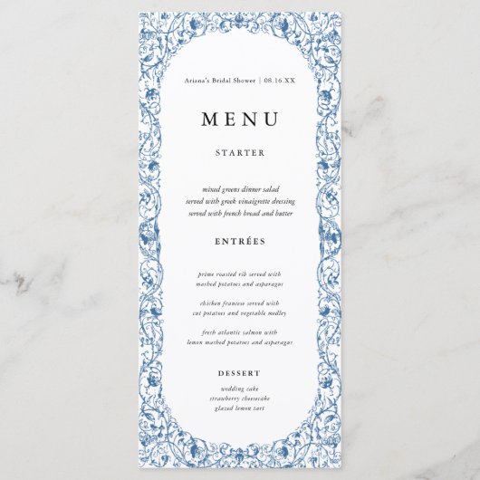 Oude Blauwe Bloemen Bruiloft Menu Kaarten (Voorkant)