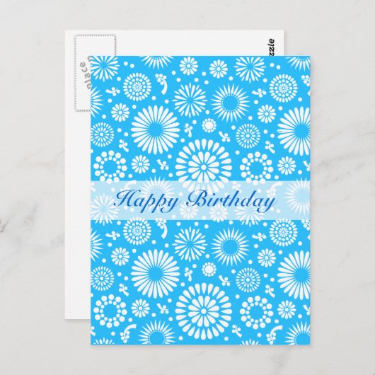 Oude blauwe bloemige verjaardagskaart briefkaart (Voorkant / Achterkant)