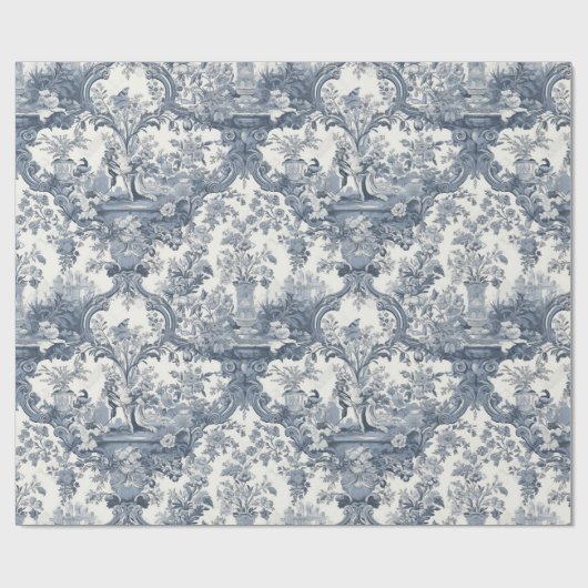 Oude blauwe bloemmotief Toile de Jouy Damast Cadeaupapier (Vlak)