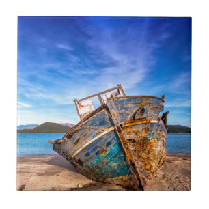 Oude blauwe boot van de Seashore Tegeltje