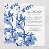 Oude Blauwe Chinoiserie Bloemige Save the Date (Voorkant / Achterkant)