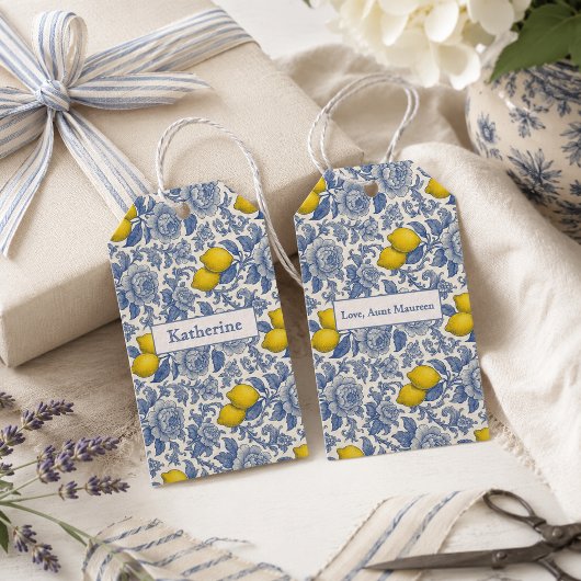 Oude Blauwe Citroen Botanische Patroon Naam Cadeaulabel
