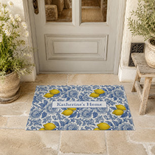 Oude Blauwe Citroen Botanische Patroon Naam Deurmat