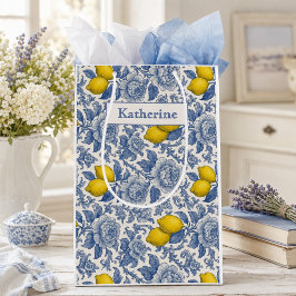 Oude Blauwe Citroen Botanische Patroon Naam Medium Cadeauzakje