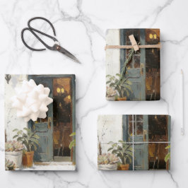 Oude Blauwe Deur met Potplanten Inpakpapier Vel