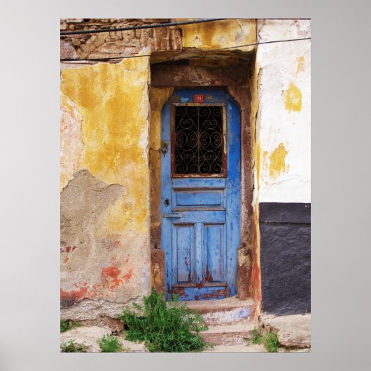 Oude blauwe deur Mykonos Griekenland Poster (Voorkant)