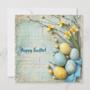 Oude blauwe en gele paaseieren en narcissen feestdagenkaart