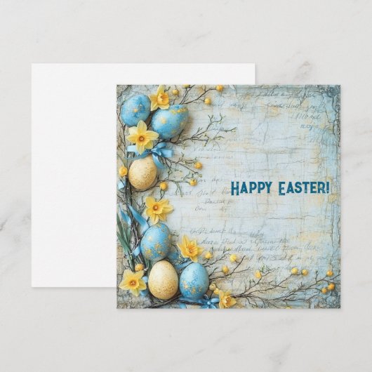 Oude blauwe en gele paaseieren en narcissen feestdagenkaart (Voorkant / Achterkant)