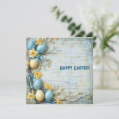 Oude blauwe en gele paaseieren en narcissen feestdagenkaart (Staand voorkant)