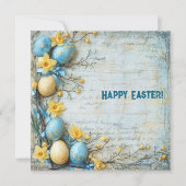 Oude blauwe en gele paaseieren en narcissen feestdagenkaart (Voorkant)