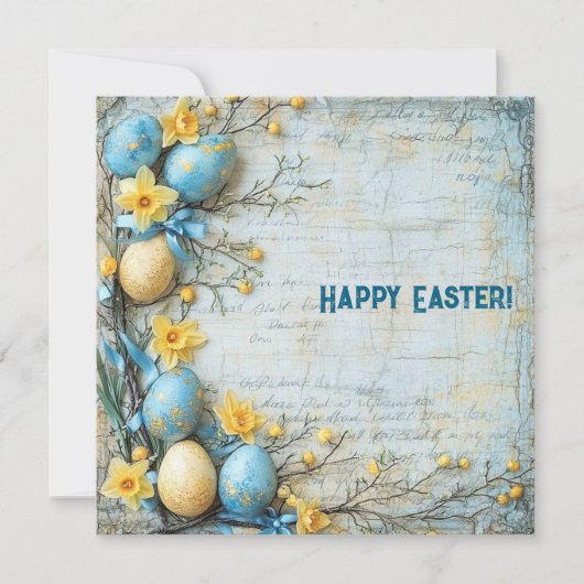 Oude blauwe en gele paaseieren en narcissen feestdagenkaart (Voorkant)