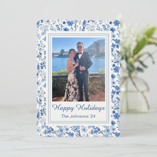 Oude Blauwe en Witte Bloem Kerstkaart (Staand voorkant)