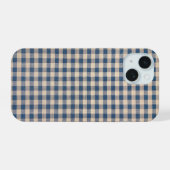 Oude blauwe geruite stof iPhone 15 case (Achterkant horizontaal)
