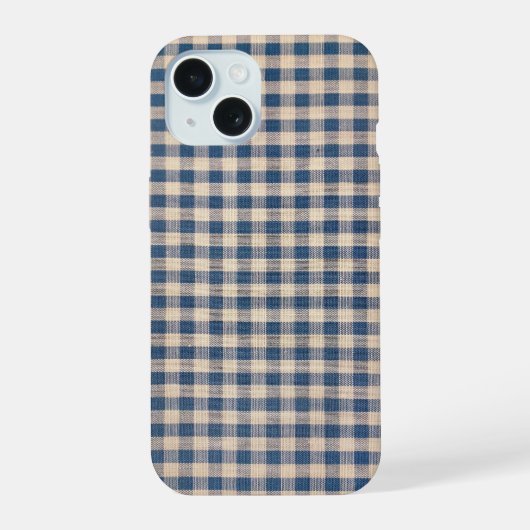 Oude blauwe geruite stof iPhone 15 case (Achterkant)