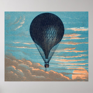 Oude Blauwe Heet Luchtballon Schilderij Poster