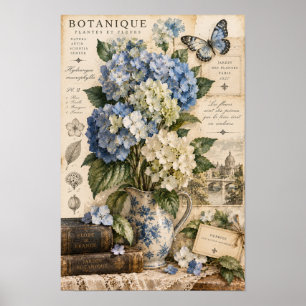Oude Blauwe Hortensia Vlinder Botanische Muur Kuns Poster
