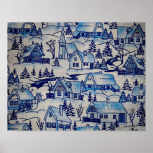 Oude Blauwe Kerst Vakantie Dorp Poster