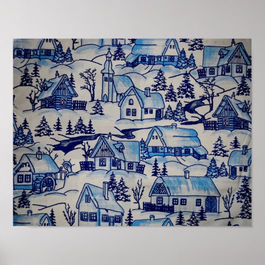 Oude Blauwe Kerst Vakantie Dorp Poster (Voorkant)