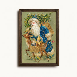 Oude Blauwe Kerstman Rendier slee Poster