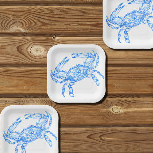 Oude blauwe krab papieren bordje