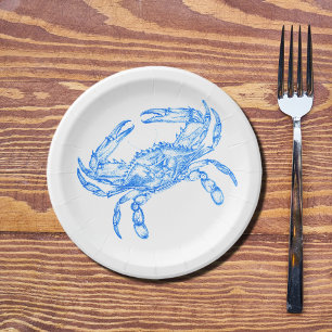 Oude blauwe krab papieren bordje
