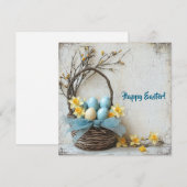 Oude blauwe paaseieren aquarel narcissen feestdagenkaart (Voorkant / Achterkant)