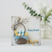 Oude blauwe paaseieren aquarel narcissen feestdagenkaart (Staand voorkant)