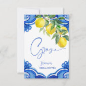 Oude blauwe tegels citroenen Italiaanse bruidsdouc Bedankkaart (Voorkant)