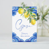 Oude blauwe tegels citroenen Italiaanse bruidsdouc Bedankkaart (Staand voorkant)