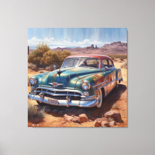 Oude blauwe verlaten auto in de woestijn ook canvas afdruk